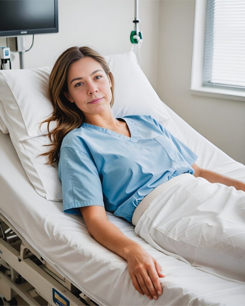 Smiling patient resting in a hospital bed (AI-generated image)